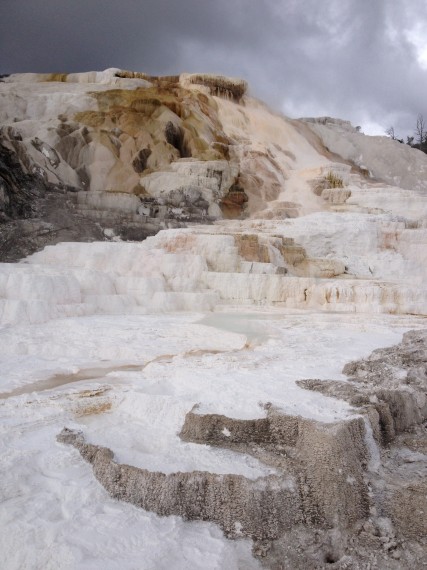 The terraces of the Mammoth Hot Springs are beautiful against an overcast sky background.