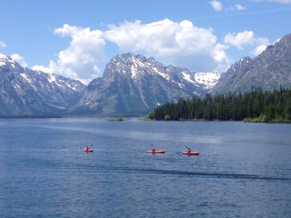 Cruising around Jackson Lake on kayaks.